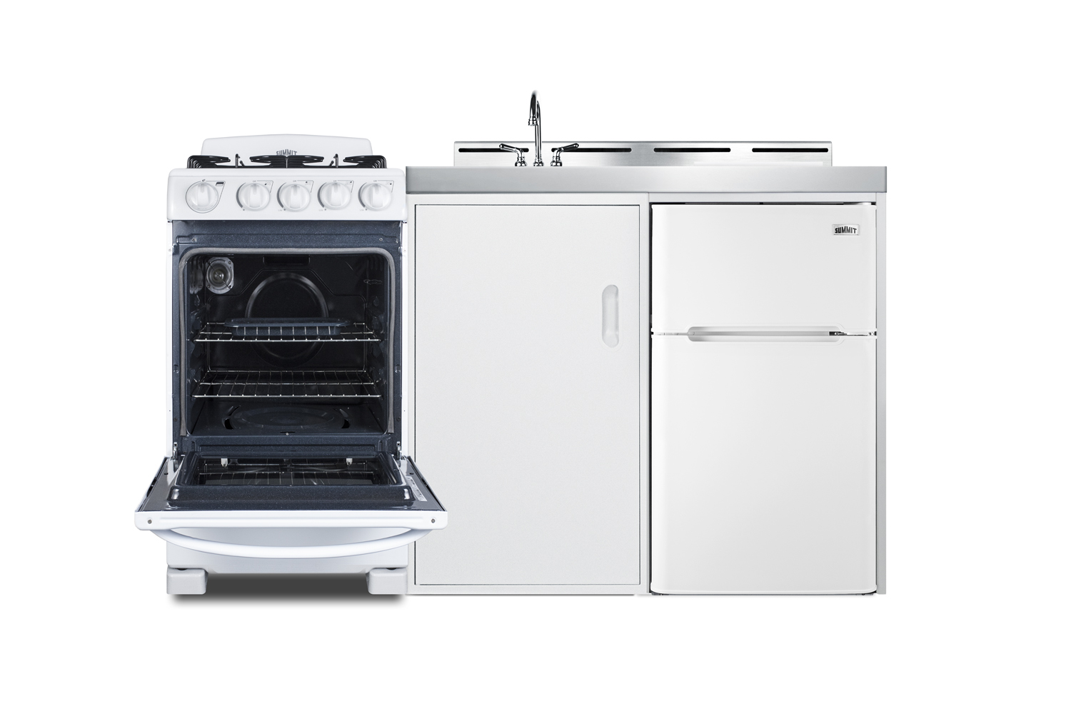 60 inch wide all-in-one kitchenette with 115V 4-burner gas range, refrigerator-freezer, sink, cutting board and cutlery storage, and a storage cabinet